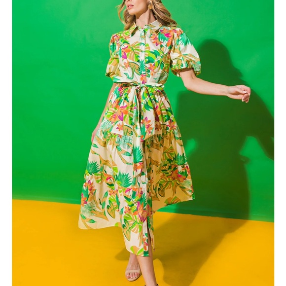 Flying Tomato Dresses & Skirts - Flying tomato you know me so well poplin midi tropical Shirtdress